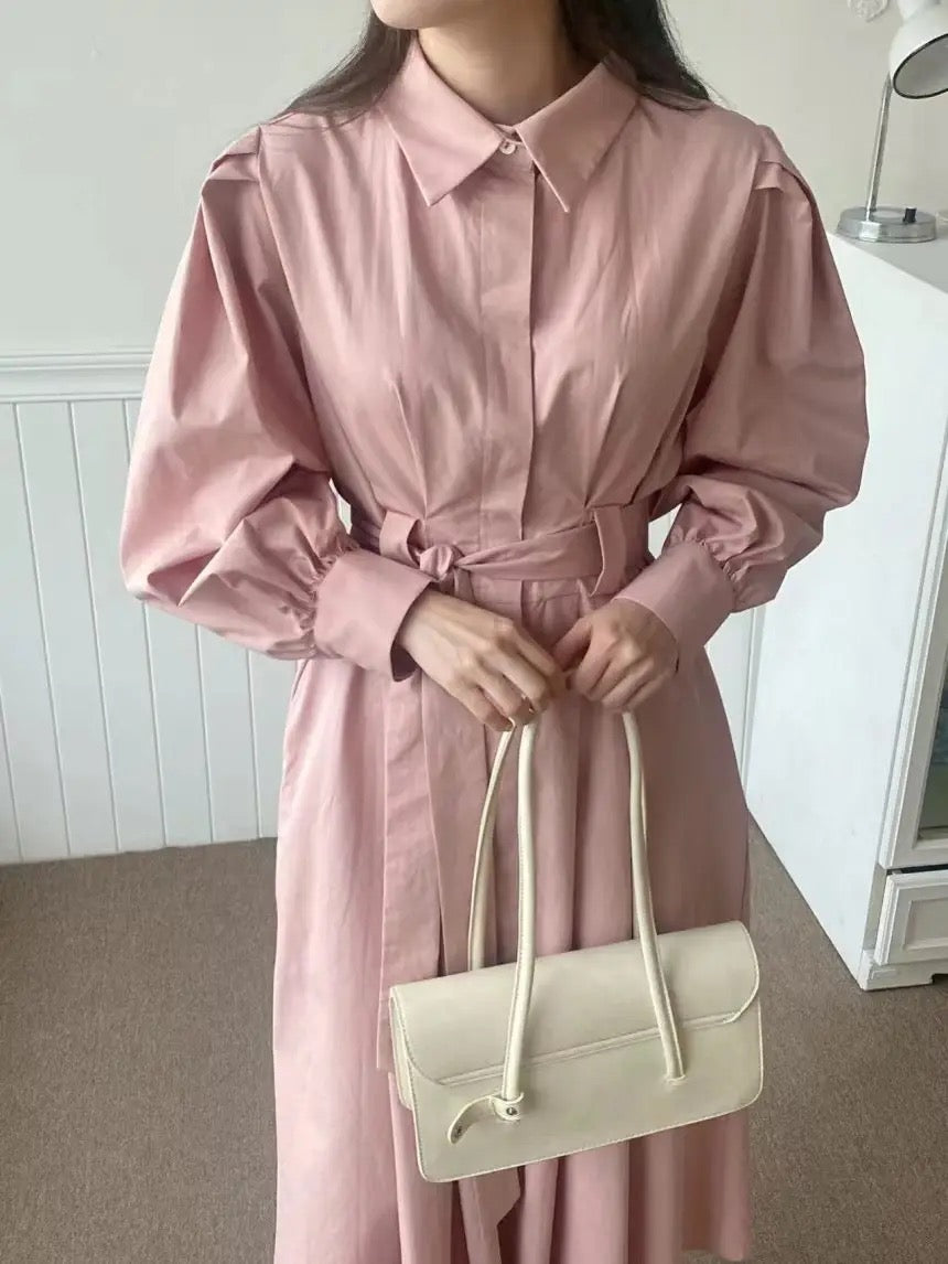 Lantern sleeve lapel shirt dress