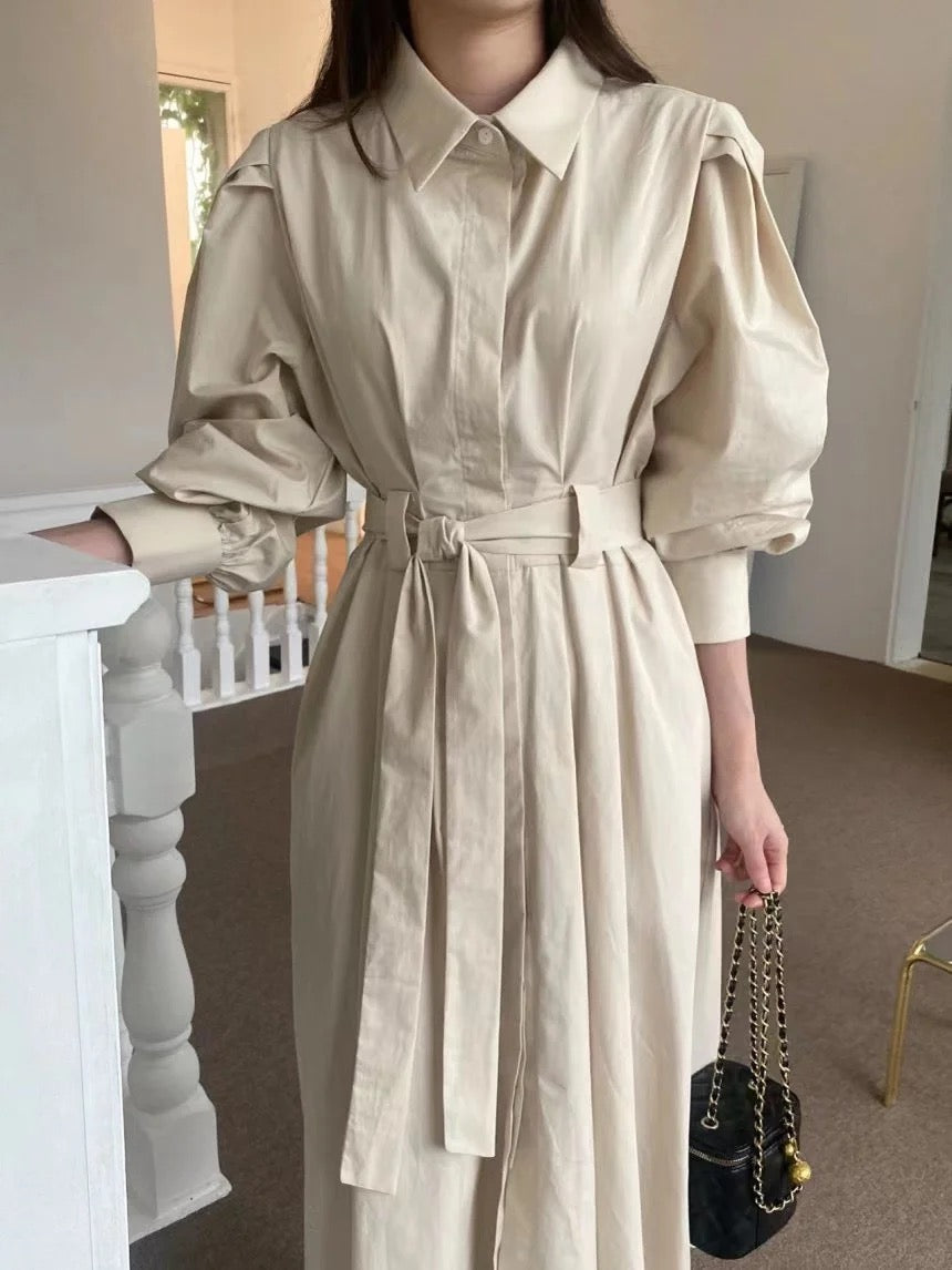 Lantern sleeve lapel shirt dress