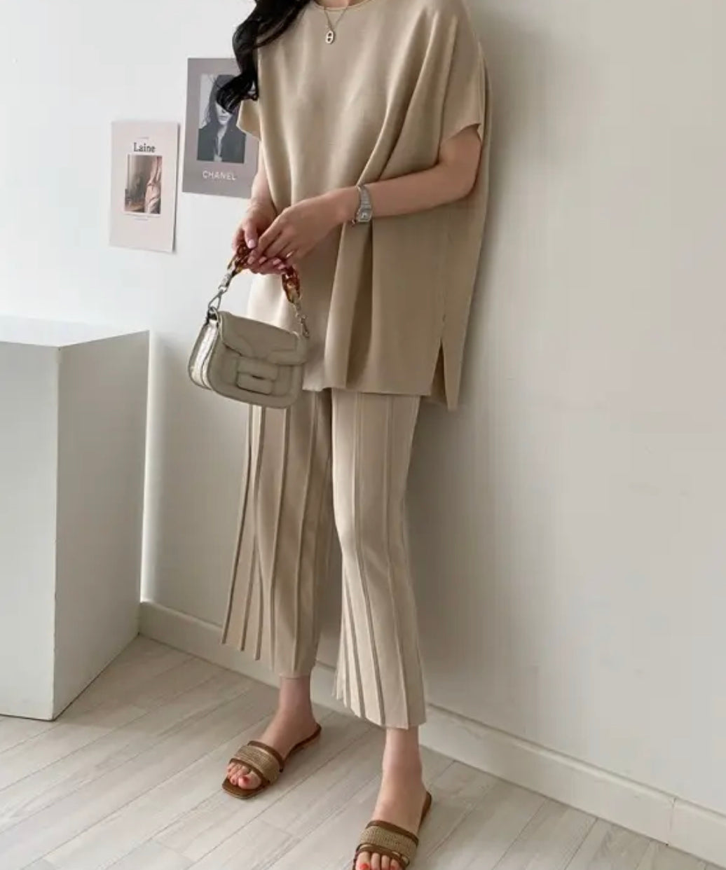 Knit tee and wide leg pleated pants set