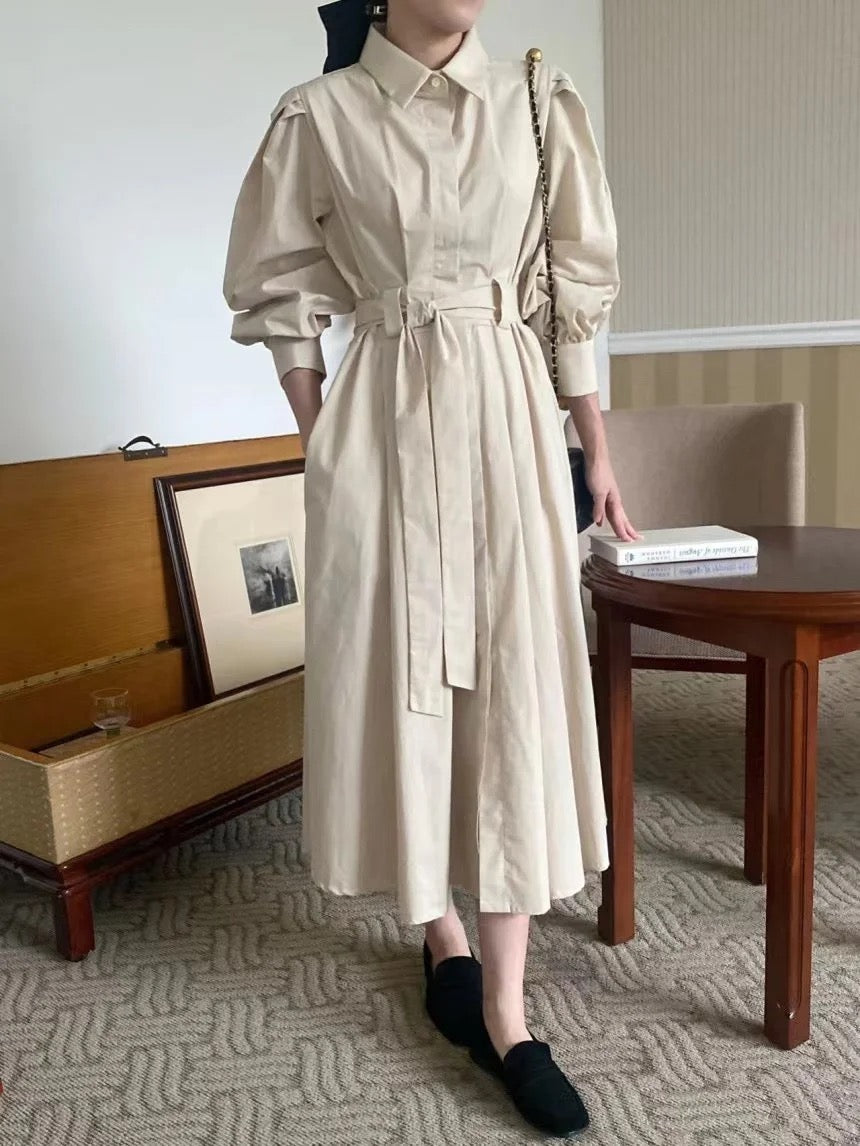 Lantern sleeve lapel shirt dress