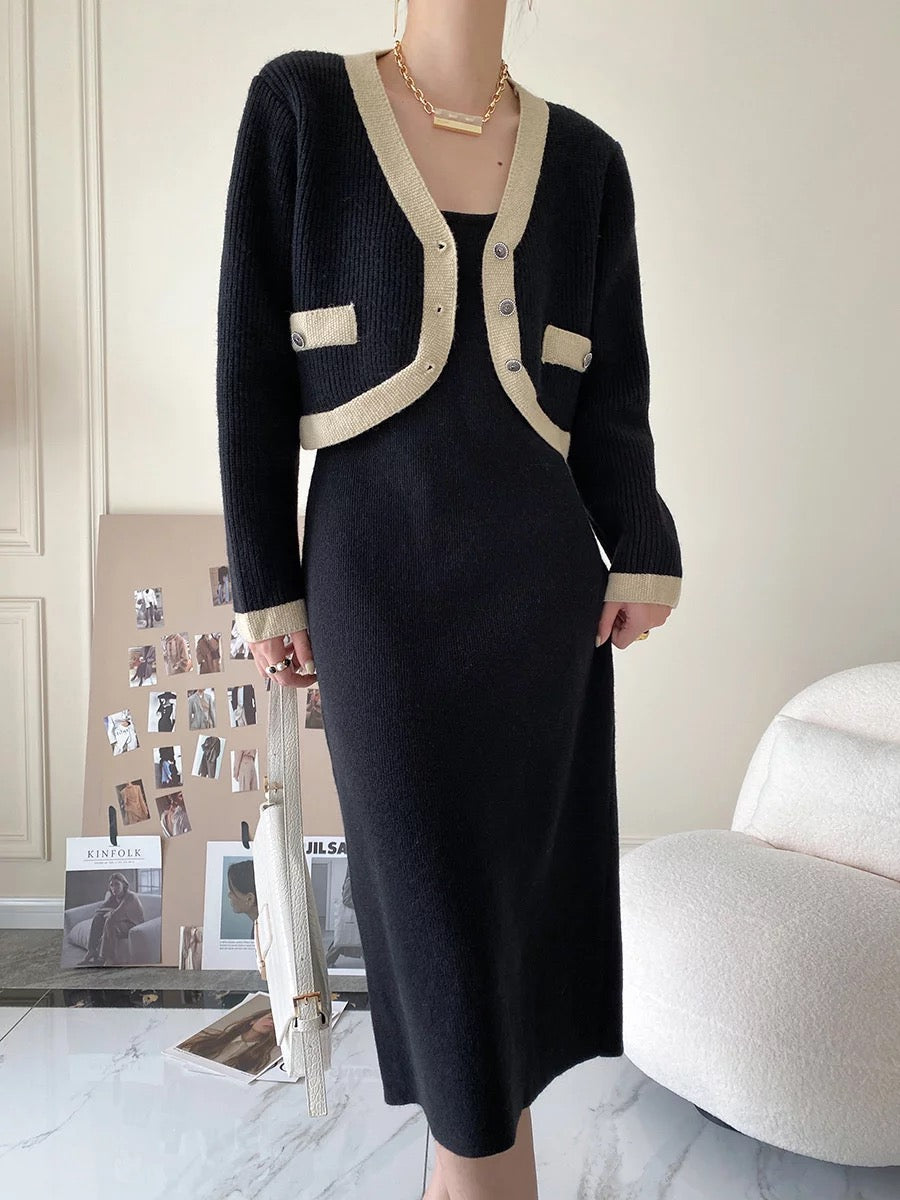 Knitted two piece dress and cardigan co ord