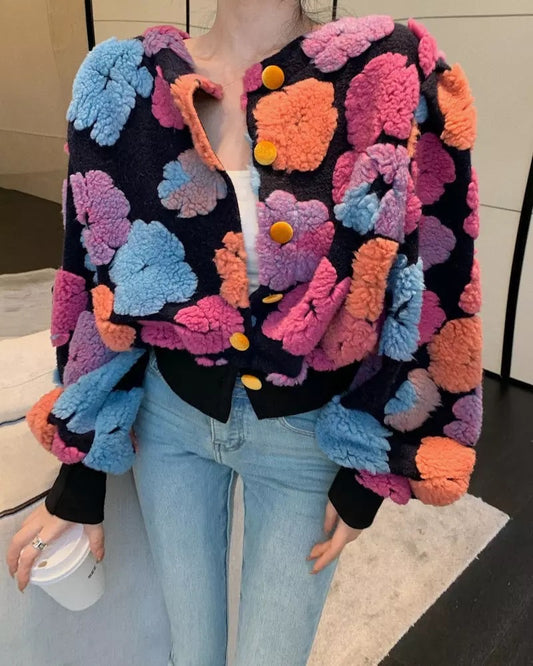 3D flower bubble sleeve cardigan