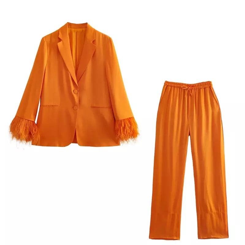 Feather cuff blazer and pants set