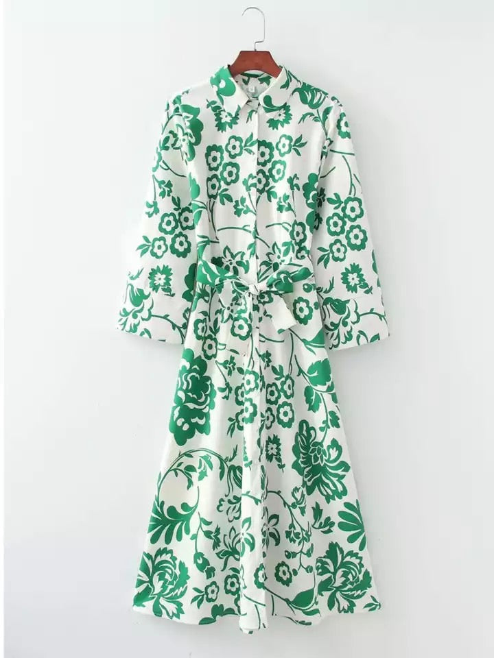 Green printed shirt dress