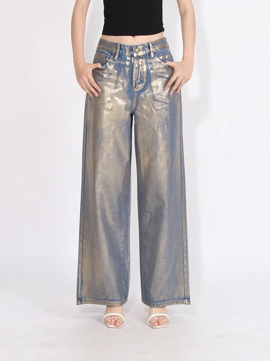 Metallic denim jeans