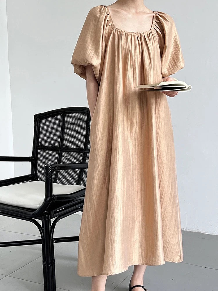 Metallic satin puff sleeve dress