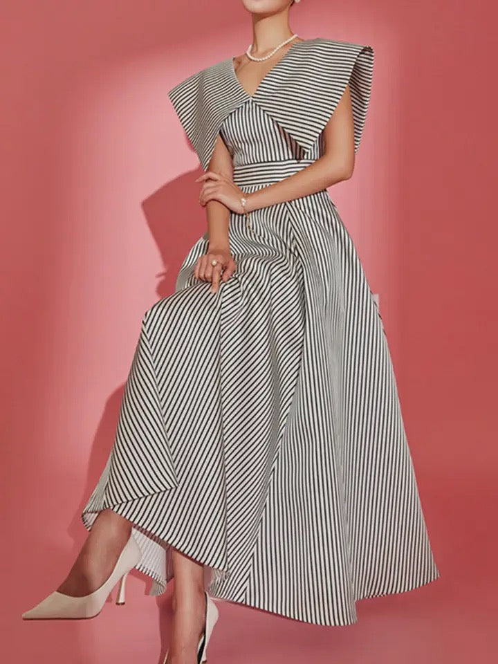 Lapel collar striped dress