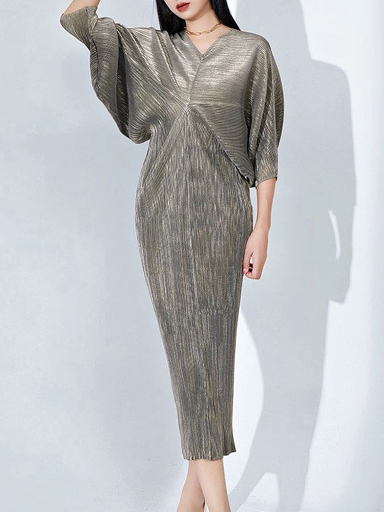 Metallic batwing pleated dress